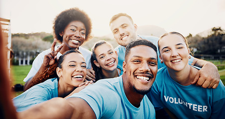 Image showing Portrait, smile and volunteer group selfie outdoors for climate change, charity cleaning and recycling. Earth day, community service and happy people laughing and taking photo with peace sign at park