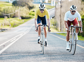 Image showing Cycling fitness men or friends on road travel, sports or marathon training in countryside street competition or race. Exercise bicycle of athlete people in teamwork, triathlon journey and safety gear