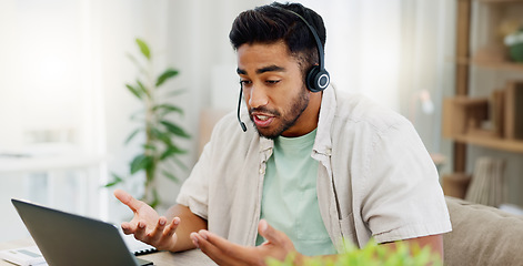 Image showing Consulting, remote work and call center worker with a laptop for online advice and conversation. Contact us, explaining and man speaking for customer service, support and telemarketing on a computer