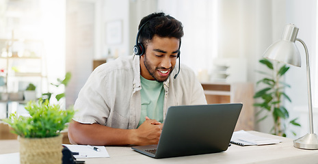 Image showing Consulting, remote work and call center worker with a laptop for online advice and conversation. Contact us, explaining and man speaking for customer service, support and telemarketing on a computer