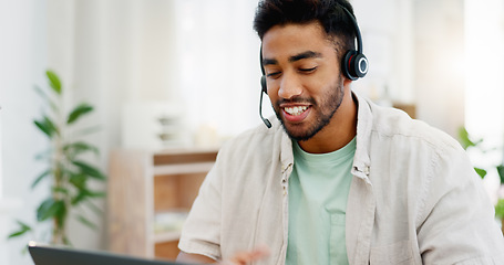 Image showing Explaining, remote work and call center worker with a laptop for online advice and conversation. Contact us, consultant and man speaking for customer service, support and telemarketing on a computer