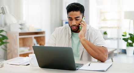 Image showing Phone call, work from home and man with remote job opportunity, freelance project and discussion online. Entrepreneur or indian person talking on smartphone, working on laptop and virtual planning