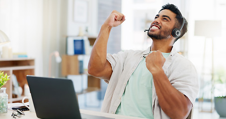 Image showing Success, win and call center worker with a laptop to celebrate a target, goal or bonus in remote work. Winning, excited and customer service agent cheering for good news, email and telemarketing