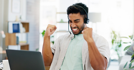 Image showing Success, win and call center worker with a laptop to celebrate a target, goal or bonus in remote work. Winning, excited and customer service agent cheering for good news, email and telemarketing