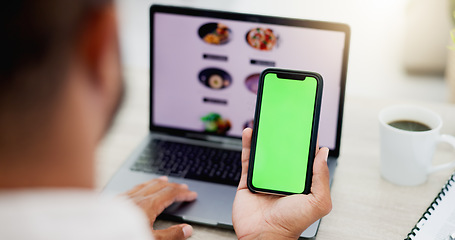 Image showing Phone, laptop food menu and man scroll on sushi restaurant website, ecommerce homepage and search for takeaway delivery. Mobile green screen, mockup product placement and customer online shopping