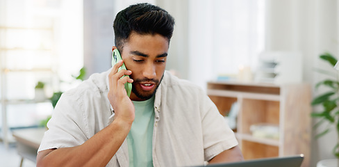 Image showing Phone call, work from home and man with remote job opportunity, freelance project and discussion online. Entrepreneur or indian person talking on smartphone, working on laptop and virtual planning