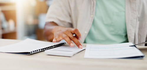 Image showing Budget, paperwork and calculator with man hands writing for accounting, debt review and tax management or calculating. Financial report, documents and person with mortgage, bills and finance strategy