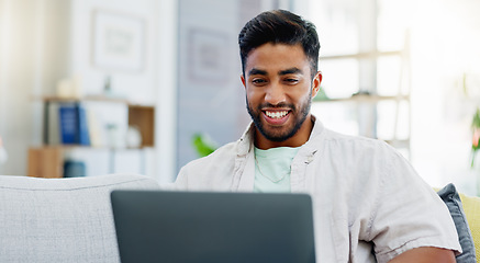 Image showing Laptop, laughing and man on couch watching funny video, live streaming or reading post on social media. Happy person relaxing on sofa with computer, internet and wifi in his apartment or living room