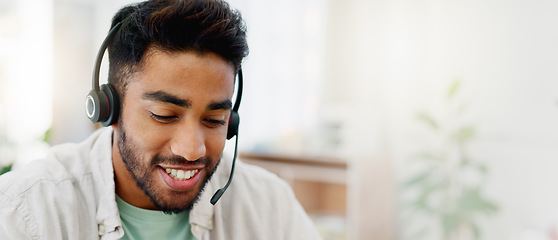 Image showing Consulting, remote work and call center worker with a laptop for online advice and conversation. Contact us, explaining and man speaking for customer service, support and telemarketing on a computer