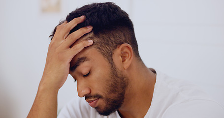 Image showing Stress, depression and man in bed with problem, insomnia and anxiety alone at home in morning. Mental health, sadness and unhappy male in bedroom depressed, worried and frustrated from sleeping issue