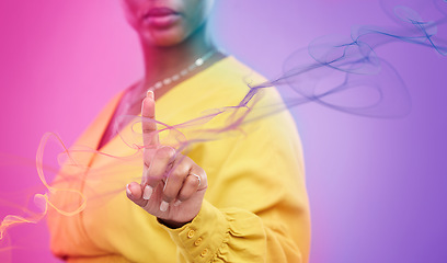 Image showing Woman hands, press and screen or hologram for biometric information, network and information technology on neon background. Person or worker fingerprint, creative overlay and internet speed in studio