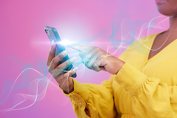 Image showing Woman hands, phone and network hologram, technology overlay and connection on a pink background. Person or online user press on social media, mobile Web 3.0 and internet speed with glow in studio