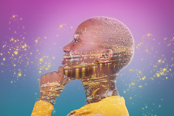 Image showing Profile, metaverse and thinking with a black woman on a double exposure background in studio for digital access. AI, future and connection to virtual reality with a young person on a neon backdrop
