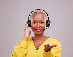 Image showing Woman, call center and hand offer, questions or presentation for communication, support or helping in studio. Consultant, agent or african person in portrait and giving advice on a white background