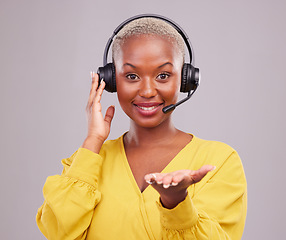 Image showing Woman, call center and hand presentation, offer or questions for communication faq, support or helping in studio. Consultant, agent portrait or african person giving advice on a white background