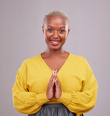 Image showing Woman, prayer and hands together in faith, religion and hope or thank you of career opportunity on studio background. Christian or african person in praying portrait, gratitude emoji and ngo business