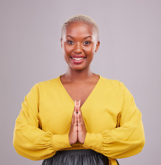 Image showing Woman, prayer hands and portrait in faith, religion and hope or thank you for career opportunity on studio background. Christian or African person namaste, gratitude emoji and happy for ngo business