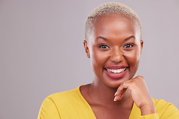 Image showing Happy, makeup and portrait of black woman in a studio with beauty, cosmetic or self care face routine. Smile, excited and African female model with cosmetology by gray background with mockup space.