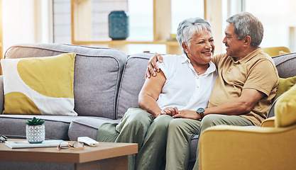 Image showing Love, relax and senior couple on sofa for bonding, healthy marriage and relationship in living room. Retirement, hug and happy man and woman on couch embrace for trust, commitment and care at home