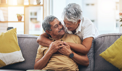 Image showing Hug, relax and senior couple on sofa for bonding, healthy marriage and relationship in living room. Retirement, love and happy man and woman on couch embrace for trust, commitment and care at home