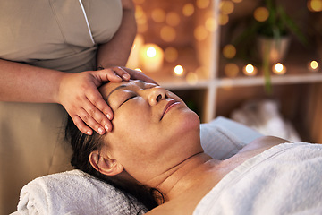 Image showing Relax head massage and senior with man in spa for wellness, facial treatment and hospitality. Peace, cosmetics and salon with customer and masseuse in hotel for health, vacation and physical therapy