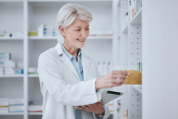 Image showing Pharmacy, senior woman and tablet with pills, inventory and checking stock with connection, smile and research. Old person, pharmacist and employee with technology, medical medication and telehealth