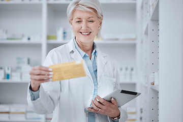 Image showing Pharmacy, old woman and tablet with medication, inventory and checking stock with connection, healthcare and research. Senior person, pharmacist and employee with technology, medical and information