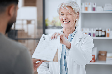 Image showing Happy senior woman, pharmacist and patient in consultation for medication or prescription at pharmacy. Mature female person, medical or healthcare employee consulting customer on pharmaceutical drugs