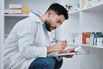 Image showing Man, pharmacist and clipboard for inventory inspection on shelf in checking stock, medication or pills at pharmacy. Male person, medical or healthcare employee and checklist on pharmaceutical product