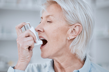 Image showing Senior woman, asthma inhaler and pump for pharmaceutical product, health and care. Elderly patient, breathe and spray for oxygen, wellness and emergency for lungs, mouth and thinking with medicine