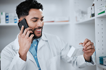 Image showing Telehealth, pharmacist and man with pills, drugs and medicine on phone talking for job. Mobile networking, conversation and pharmacy of a male professional with ingredient list and medical discussion