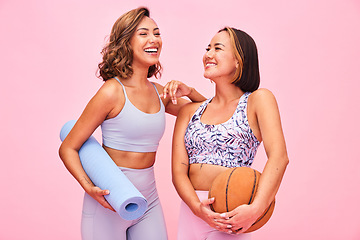 Image showing Friends, fitness and women on pink background for yoga, training and exercise with ball and yogi mat. Sports, happy and people in studio with gym equipment for wellness, workout and healthy body