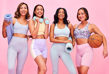 Image showing Fitness, girl friends and happy portrait with fitness, workout and sport training gear in studio. Women, diversity and group with pink background and smile with exercise and healthy body wellness
