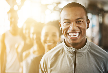 Image showing Fitness, black man and portrait with team, workout class and training in a health and wellness club. Lens flare, happy and smile with diversity and personal trainer with exercise, sports and group