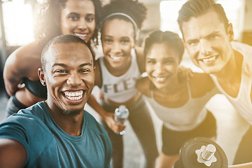 Image showing Portrait, happy gym selfie and friends training for power, workout and healthy exercise together. Face of diversity fitness group, men and women with smile for photograph, pride and sports community