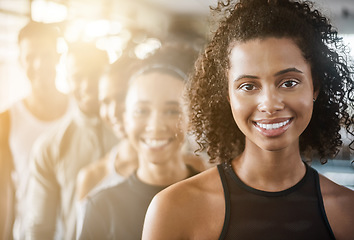 Image showing Fitness, black woman and portrait with team, workout class and training in a health and wellness club. Lens flare, happy and smile with diversity and personal trainer with exercise, sports and group