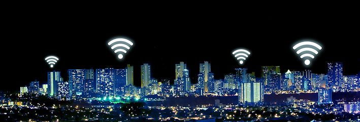 Image showing Night, city and wireless network or internet with neon overlay, lights and connection for communication. Cityscape, future technology and icon for location, streaming and connectivity or tower access