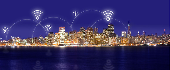 Image showing City, night and wireless network or internet with neon overlay, lights and connection for communication. Cityscape, future technology and icon for location, streaming and connectivity or tower access