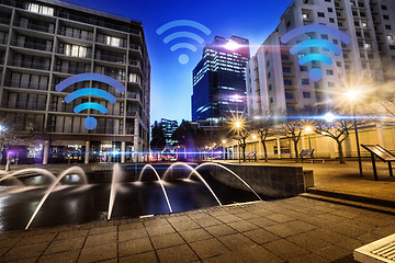 Image showing Network, city and wireless internet at night with neon overlay, lights and connection for communication. Cityscape, future technology and icon for location, streaming and connectivity in Cape Town