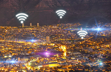 Image showing City, internet and wireless connectivity with buildings, technology abstract and communication with top view. Location, connection and urban landscape with light, cyber and digital transformation