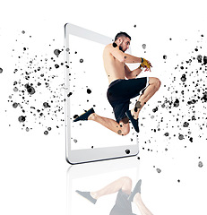 Image showing Tablet, fitness app and man fighter on screen in studio isolated on a white background for virtual training. Sports, exercise and workout in martial arts or self defense of male athlete on display