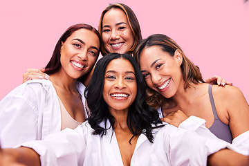 Image showing Selfie, beauty and lingerie with woman friends on a pink background in studio for natural skincare. Diversity, health and wellness with the portrait of a female model group posing for inclusion