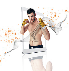 Image showing Tablet, fitness app and portrait of a fighter man on screen in studio isolated on a white background for virtual training. Sports, exercise and workout for self defense with an athlete on a display