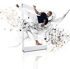 Image showing Tablet, karate and fitness app with a man on a screen in studio isolated on a white background. Sports, training for self defense and color splash with a male athlete in a technology display