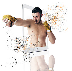 Image showing Tablet, fitness and man boxer on screen in studio isolated on a white background for virtual fighter training. Sports, exercise and workout in martial arts or self defense of male athlete on display