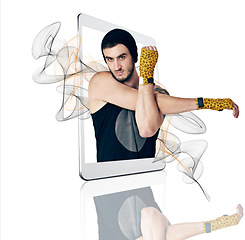 Image showing Fitness, app and portrait of a man from a phone screen on a white background for exercise. Cardio, boxing and an athlete or male boxer with a mobile for a martial arts workout on a studio backdrop