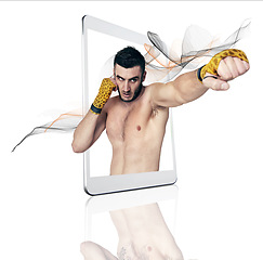 Image showing Tablet, fitness app and a fighter man on display in studio isolated on a white background for virtual training. Sports, exercise and workout for self defense with a male athlete on a digital screen