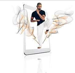Image showing Tablet, karate and fitness app with a sports man on a screen in studio isolated on a white background. Technology, training for self defense and vaporwave with a male athlete in a digital display