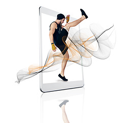 Image showing Karate, tablet and man in kick boxing exercise on app or screen isolated against a white studio background. Male person, athlete or guy in cardio fitness, training or motivation on technology display