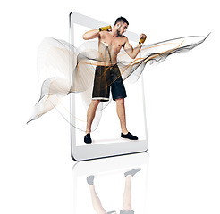 Image showing Tablet, fitness app and a fighter man on screen in studio isolated on a white background for virtual training. Sports, exercise and workout for self defense with a male athlete on a digital display